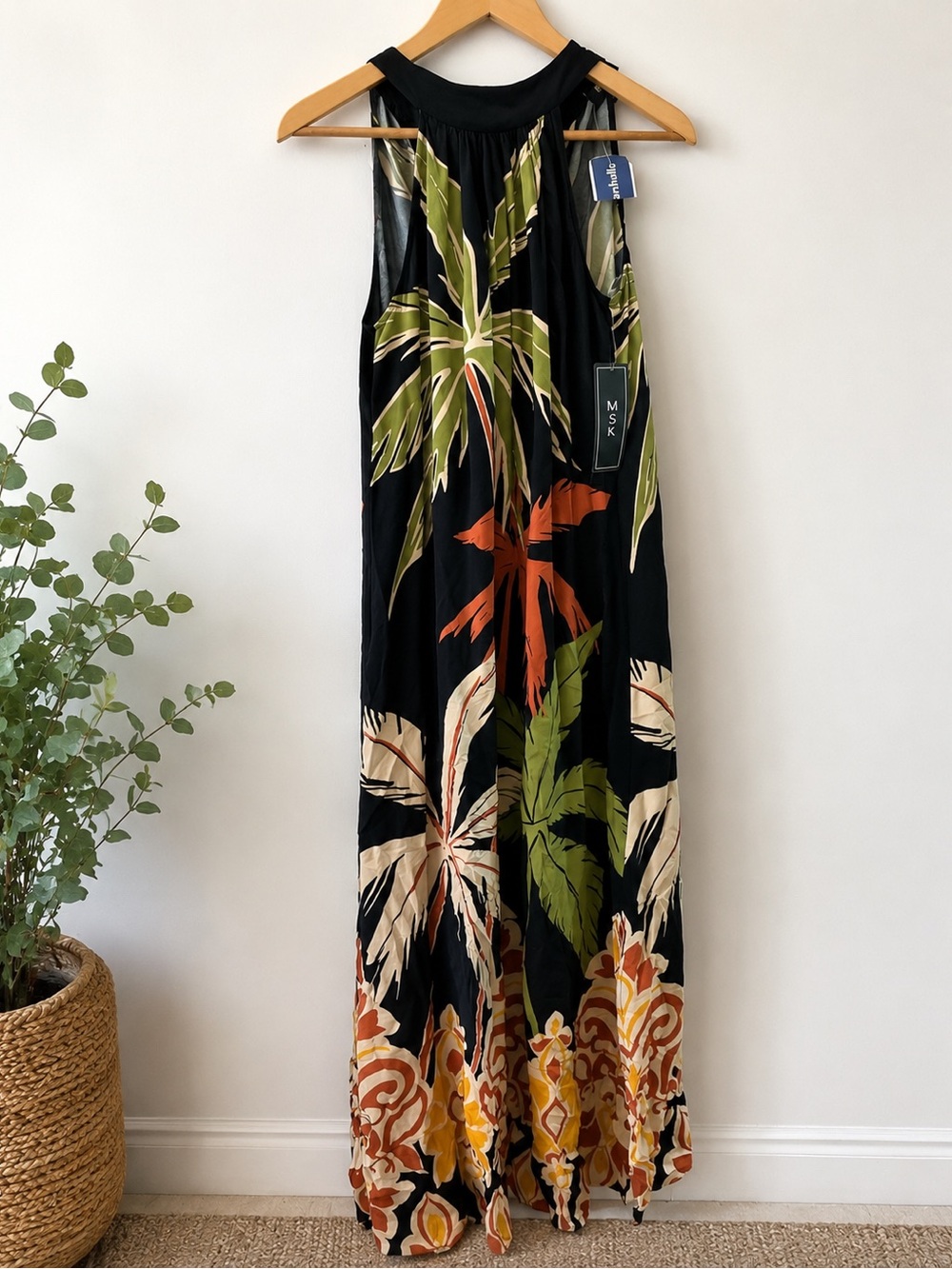MSK Black Maxi Dress with Olive & Rust Palm Motif